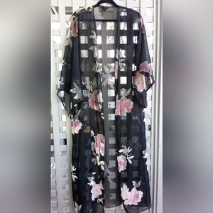 Natori Chic Sheer Black Burned-out Velvet Kimono w/Antique Floral